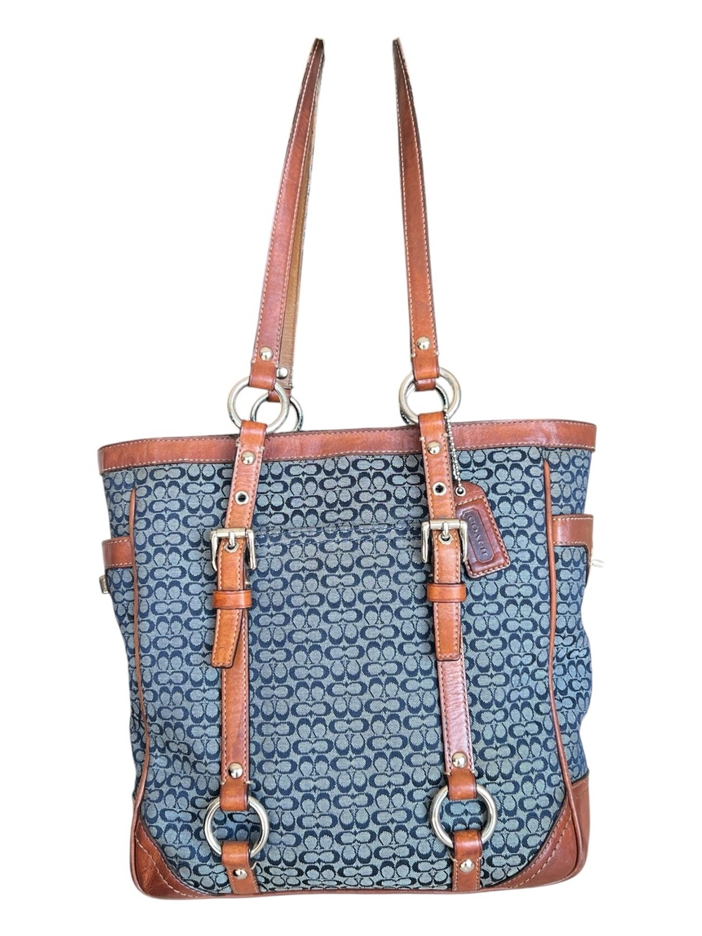 Coach Gallery 2008 Blue Signature Canvas Tote with Brown Leather Trim